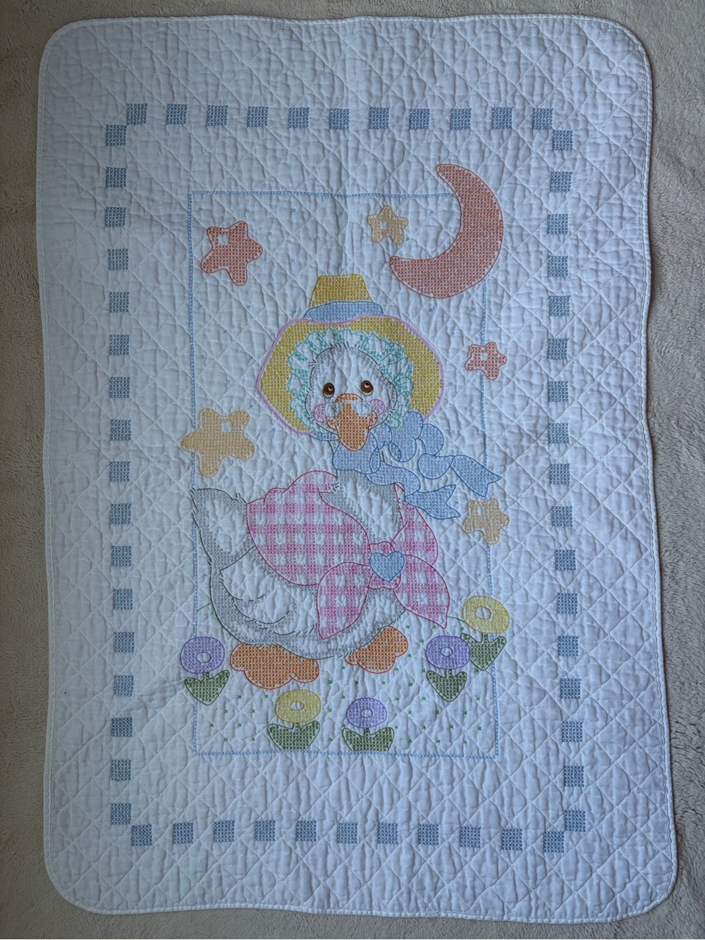 Vintage Mother Goose Quilted Hand Cross stitched Nursery Baby Blanket